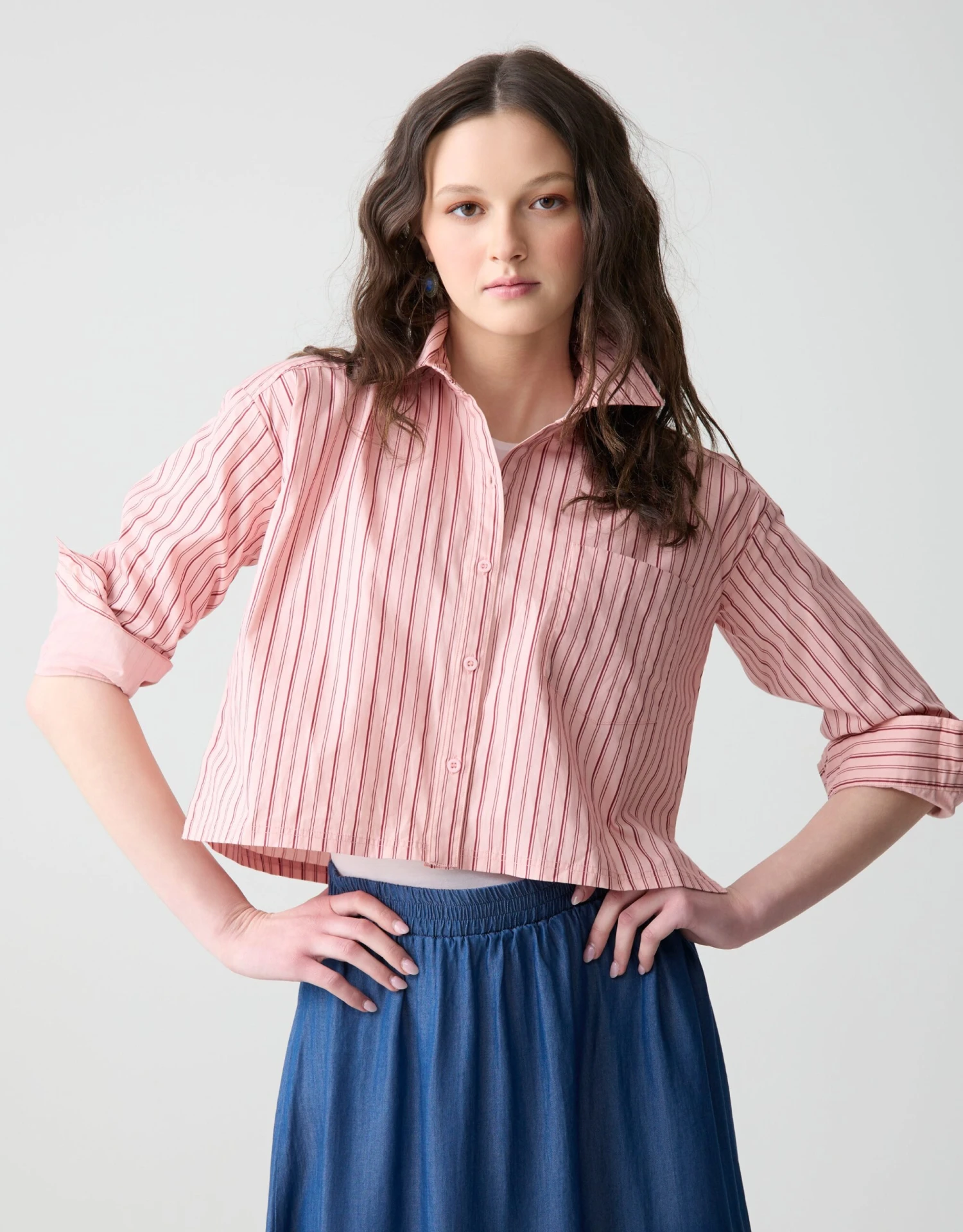 Cactus Cropped Cotton Pinstriped Shirt With Pocket Pink 1 Cactus Cropped Cotton Pinstriped Shirt With Pocket Pink