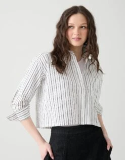 Fashionable Home Wear 33 Cactus Cropped Cotton Pinstriped Shirt With Pocket White Black