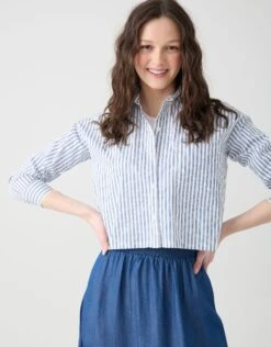 Fashionable Home Wear 45 Cactus Cropped Cotton Pinstriped Shirt With Pocket White Royal