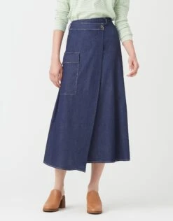 Fashionable Home Wear 21 34" Asymmetrical Wrap Skirt With Patch Pocket And Contrast Stitching Navy Denim