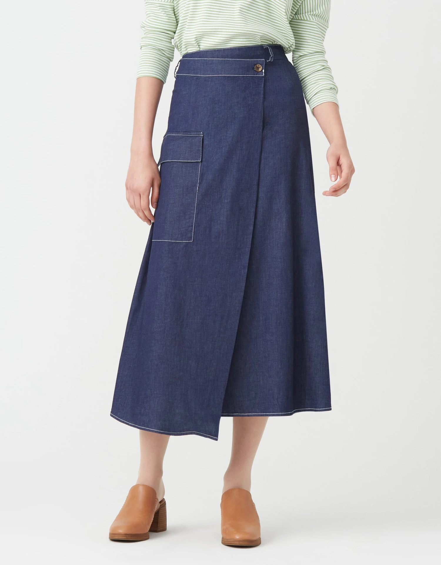 34" Asymmetrical Wrap Skirt With Patch Pocket And Contrast Stitching Navy Denim 1 34" Asymmetrical Wrap Skirt With Patch Pocket And Contrast Stitching Navy Denim