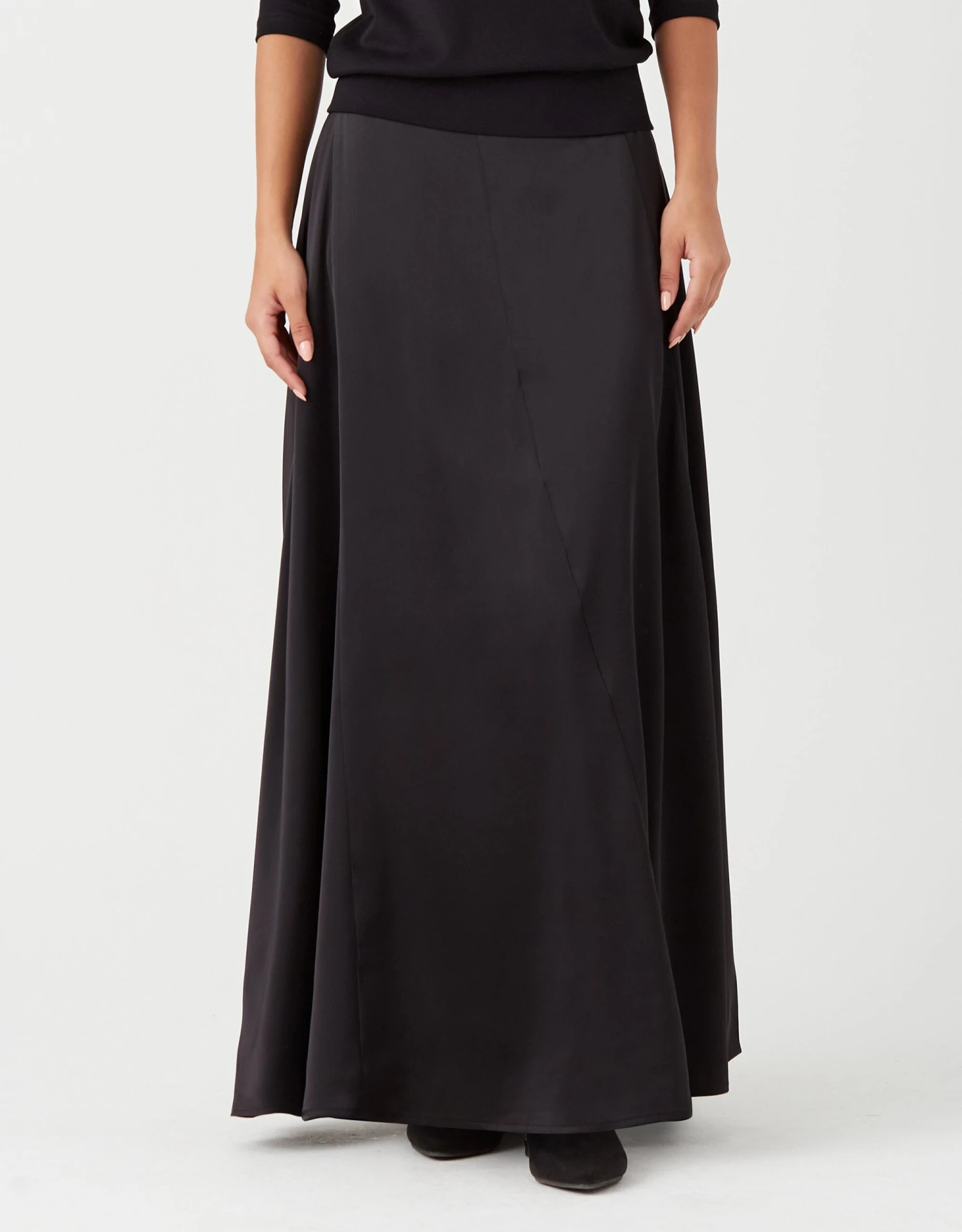 40" Satin Gored Waistband Skirt With Back Elastic Black 1 40" Satin Gored Waistband Skirt With Back Elastic Black