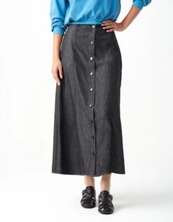 37" Multi Seamed Stud Button Waistband Skirt With Back Elastic Black Denim