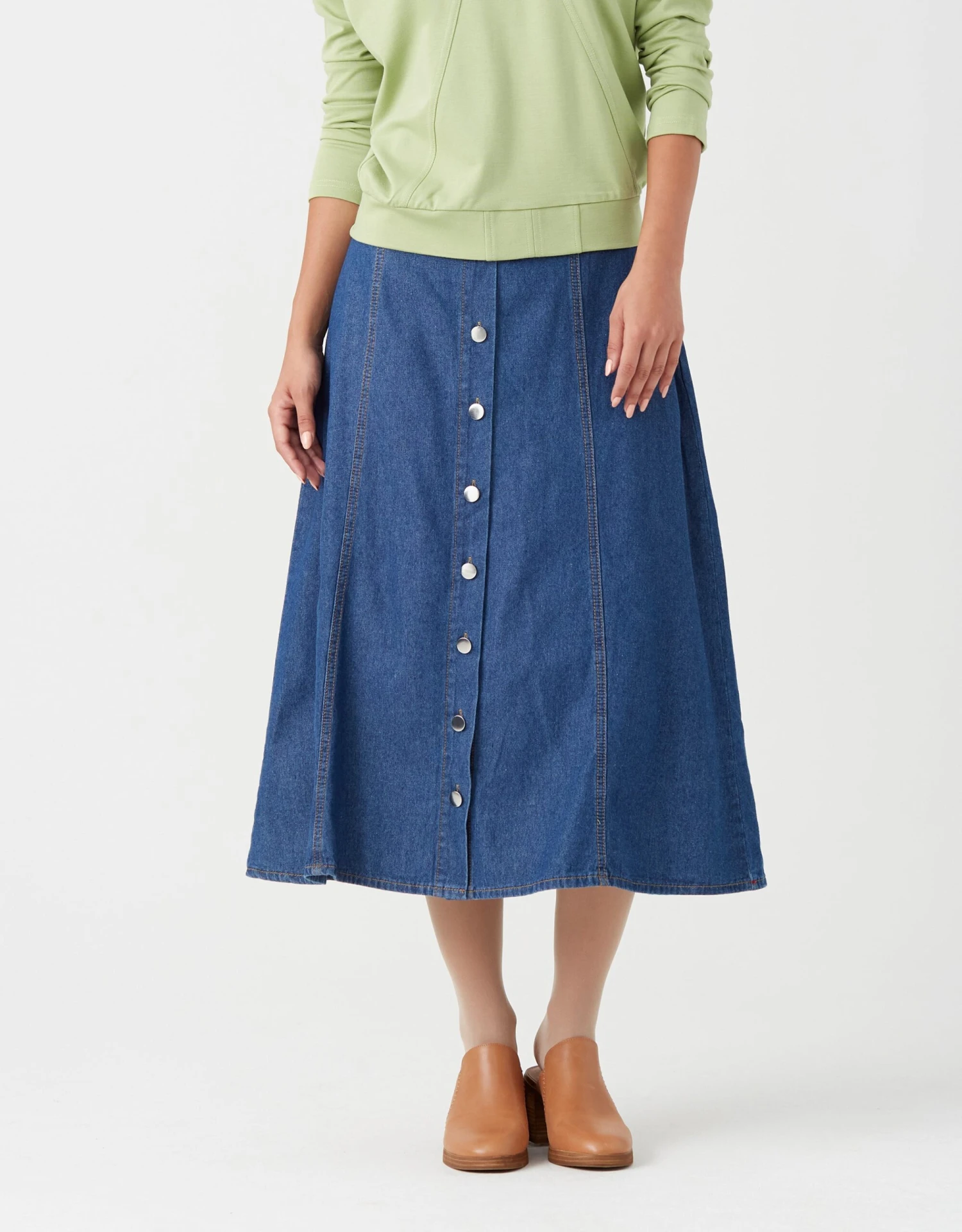 37" Multi Seamed Stud Button Waistband Skirt With Back Elastic Dark Blue Denim 1 37" Multi Seamed Stud Button Waistband Skirt With Back Elastic Dark Blue Denim