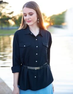 Fashionable Home Wear -Fashionable Home Wear GSP22DN1 SnapShirtBreastPockets.Black3