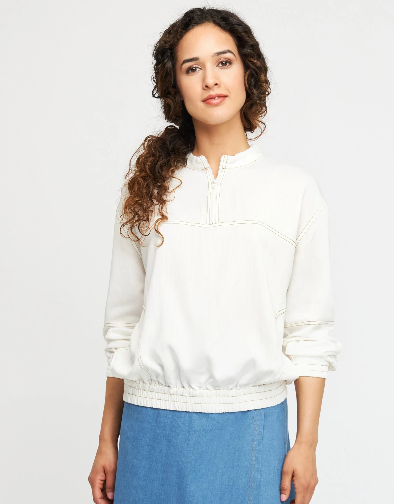 Plan-B Stitched Half Zip Blouson Top White 1 Plan-B Stitched Half Zip Blouson Top White