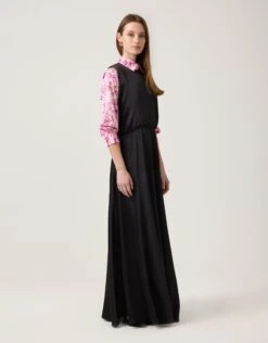 Satin Sleeveless Elastic Waist Maxi Crew Dress Black