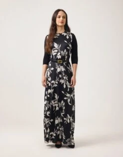 Print Satin Sleeveless Maxi Crew Shift Dress Spring Buds Black Ivory