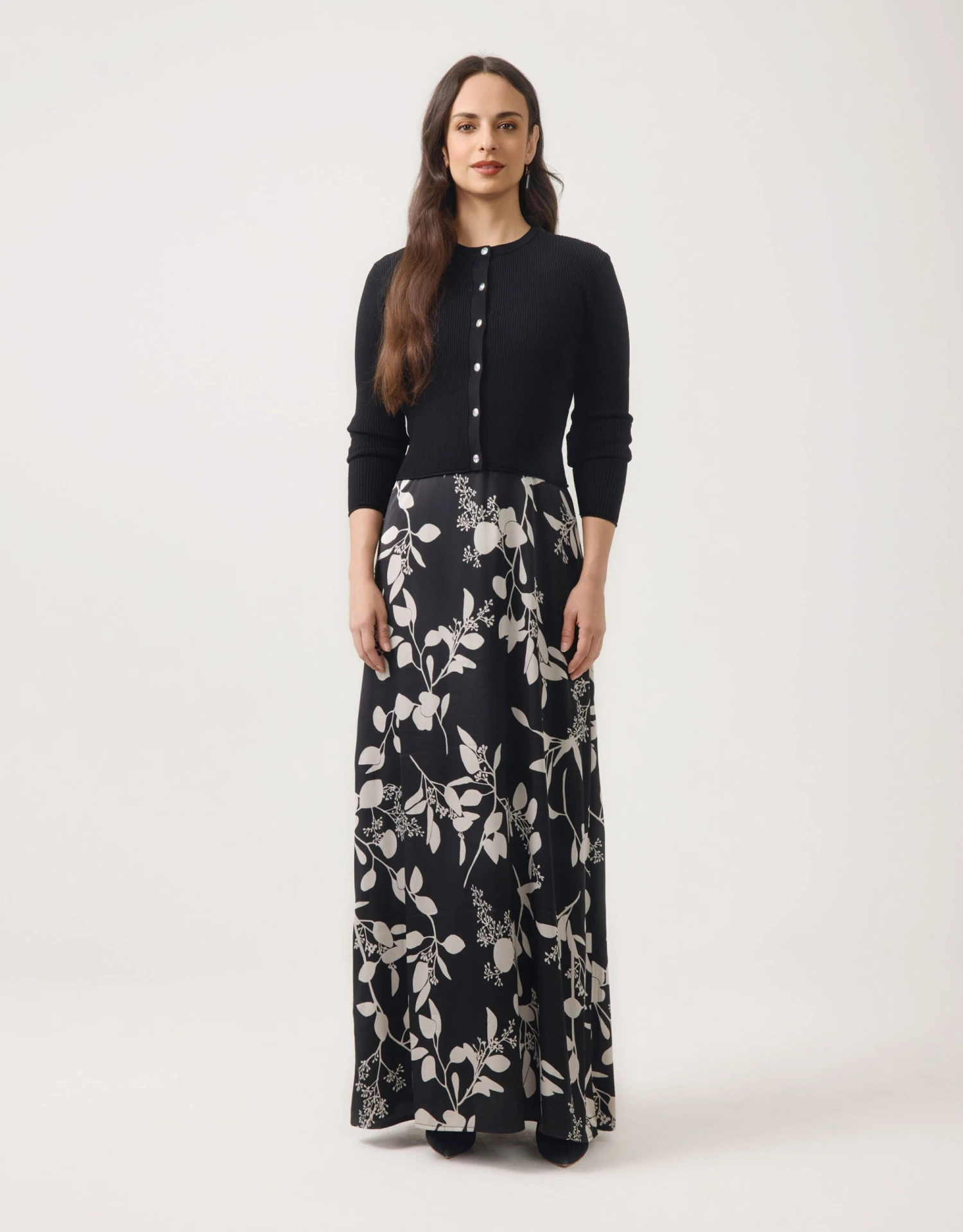 Print Satin Sleeveless Maxi Crew Shift Dress Spring Buds Black Ivory 2 Print Satin Sleeveless Maxi Crew Shift Dress Spring Buds Black Ivory - Image 2