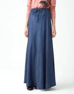 40" Aline Chambray Skirt With Elastic Drawstring Waist Dark Blue Denim