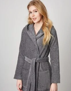 Terry Wrap Long Geometric Belted Bathrobe With Hood Gray -Fashionable Home Wear Geo.Hood .Gray2