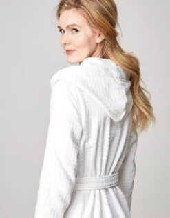 Terry Wrap Long Geometric Belted Bathrobe With Hood White -Fashionable Home Wear Geo.Hood .White3