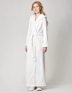 Terry Wrap Long Geometric Belted Bathrobe With Hood White