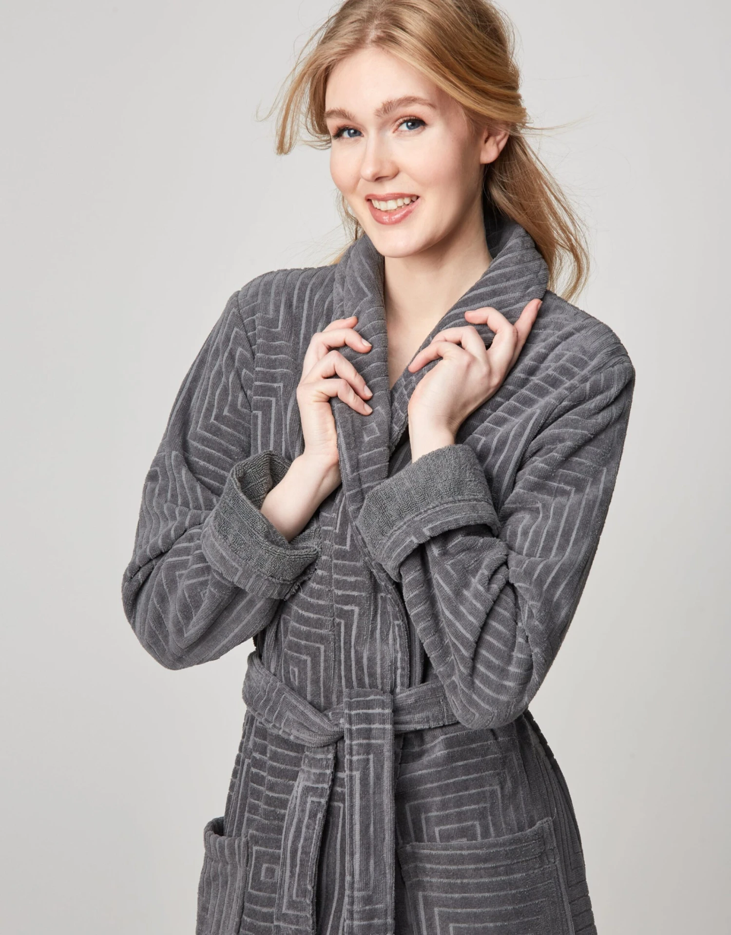 Terry Wrap Long Geometric Belted Bathrobe With Shawl Collar Gray 2 Terry Wrap Long Geometric Belted Bathrobe With Shawl Collar Gray - Image 2