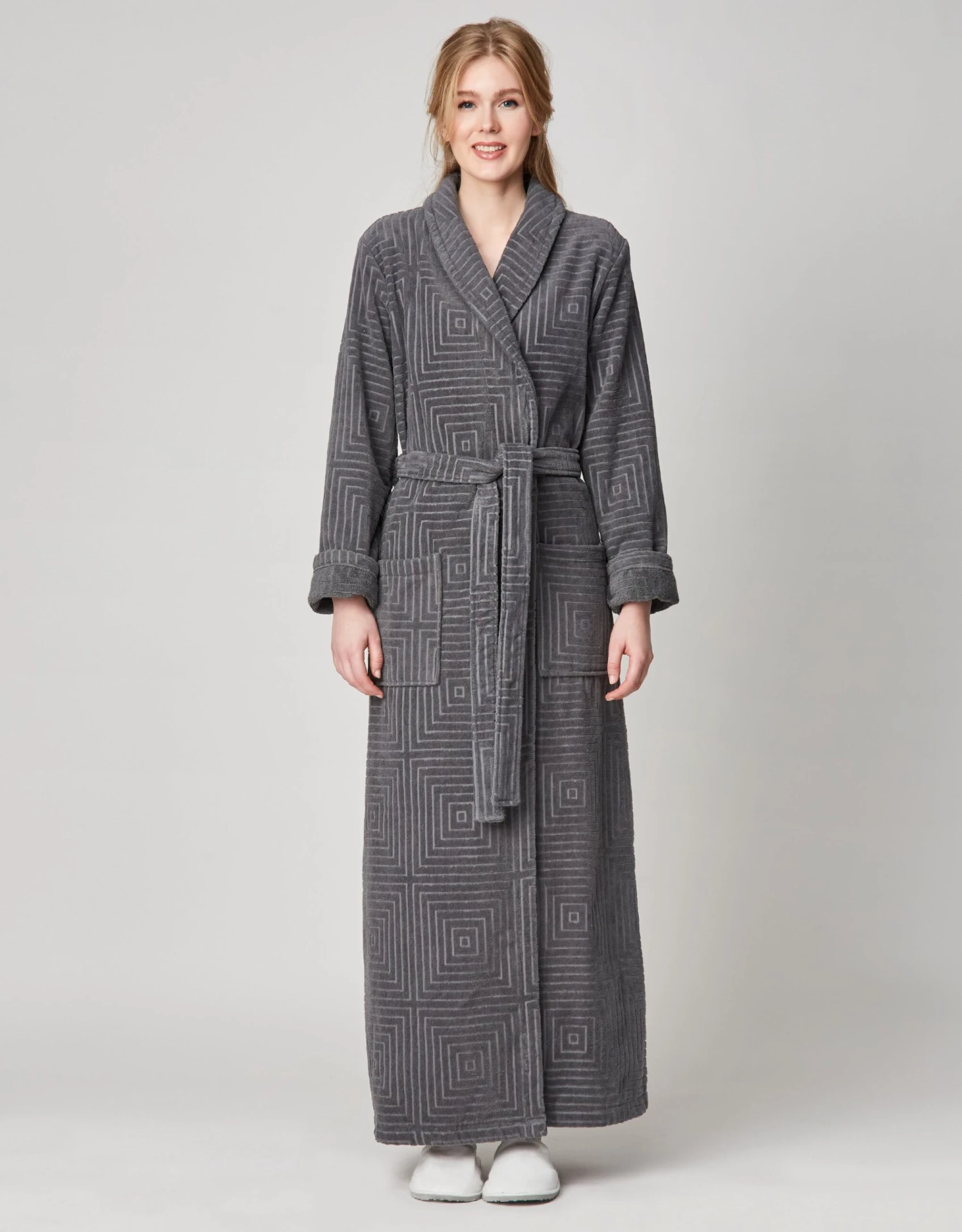 Terry Wrap Long Geometric Belted Bathrobe With Shawl Collar Gray 1 Terry Wrap Long Geometric Belted Bathrobe With Shawl Collar Gray