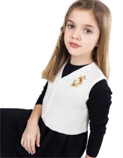 Rib Knit Button Vest With Front Floral Embroidery For Kids Ivory