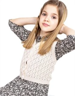 Lacy Diamond Pattern Knit Button Vest For Kids Alabaster