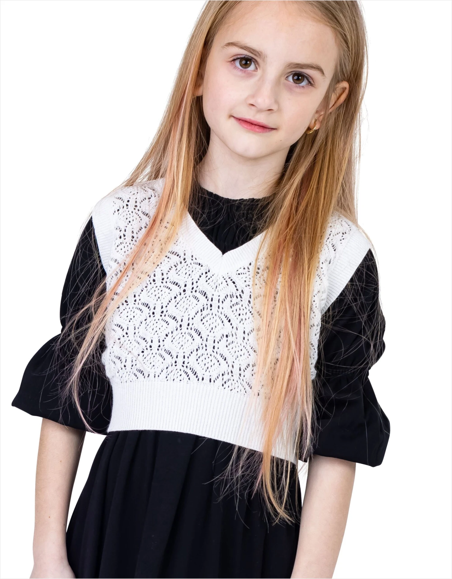 Lacy Shell Pattern Knit Vneck Vest For Kids White 1 Lacy Shell Pattern Knit Vneck Vest For Kids White