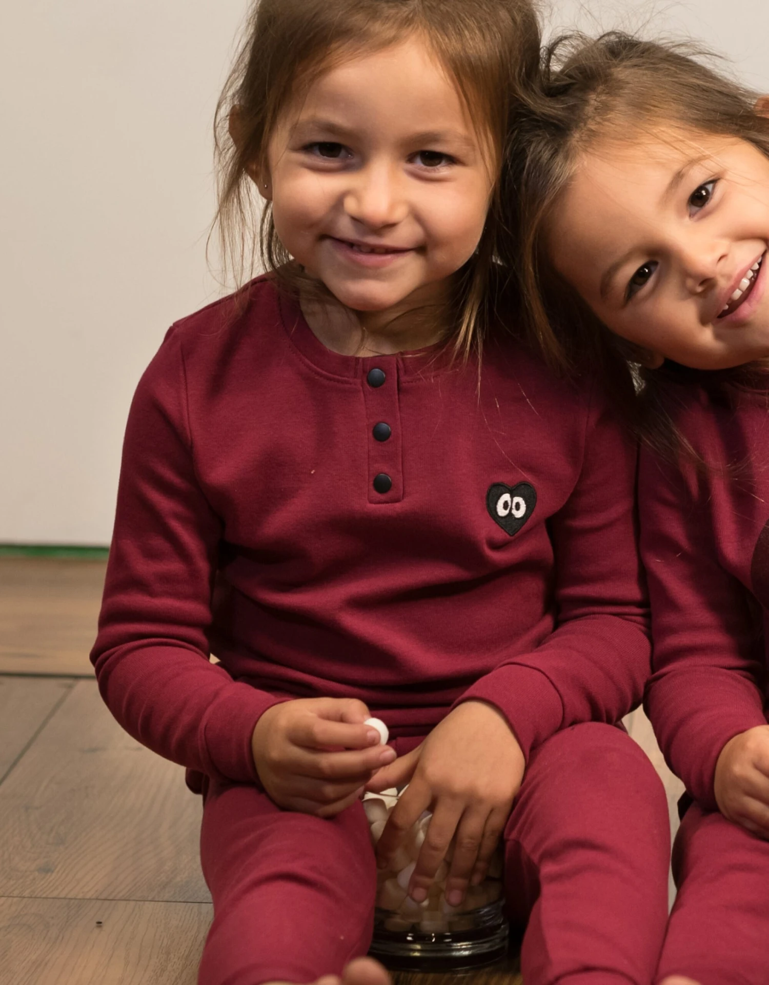Kids Pima Cotton Googly Button Top Legging Playwear Set Burgundy 2 Kids Pima Cotton Googly Button Top Legging Playwear Set Burgundy - Image 2