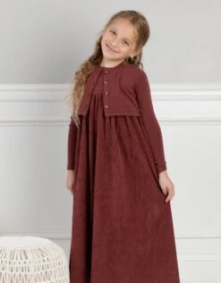 Girls Corduroy Maxi Dress Shabbos Jumper And Matching Cardigan Set Cinnamon