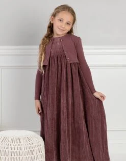 Girls Corduroy Maxi Dress Shabbos Jumper And Matching Cardigan Set Eggplant