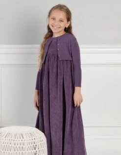 Girls Corduroy Maxi Dress Shabbos Jumper And Matching Cardigan Set Purple