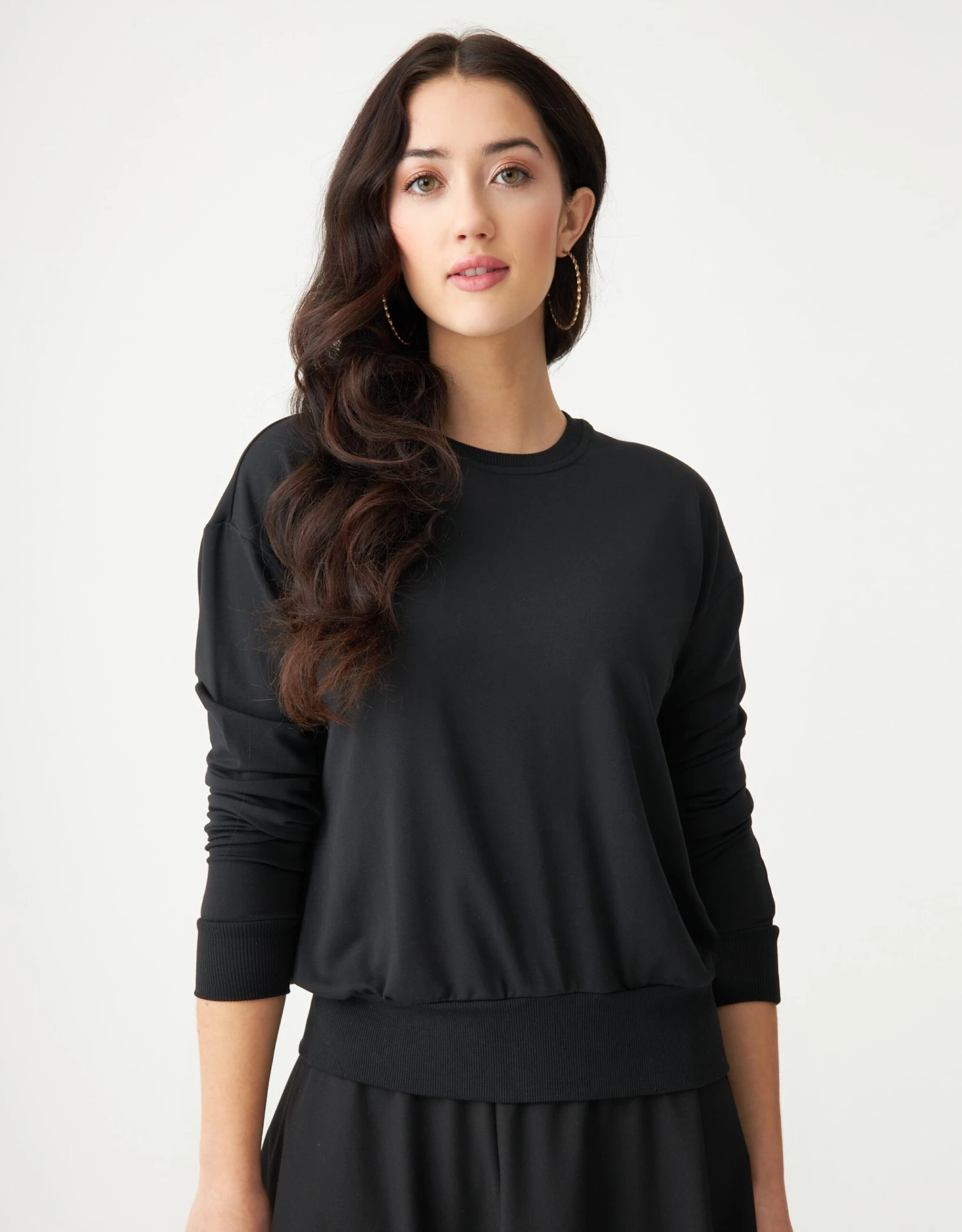 Stretch French Terry Crew Top With Back Bungee Black 1 Stretch French Terry Crew Top With Back Bungee Black