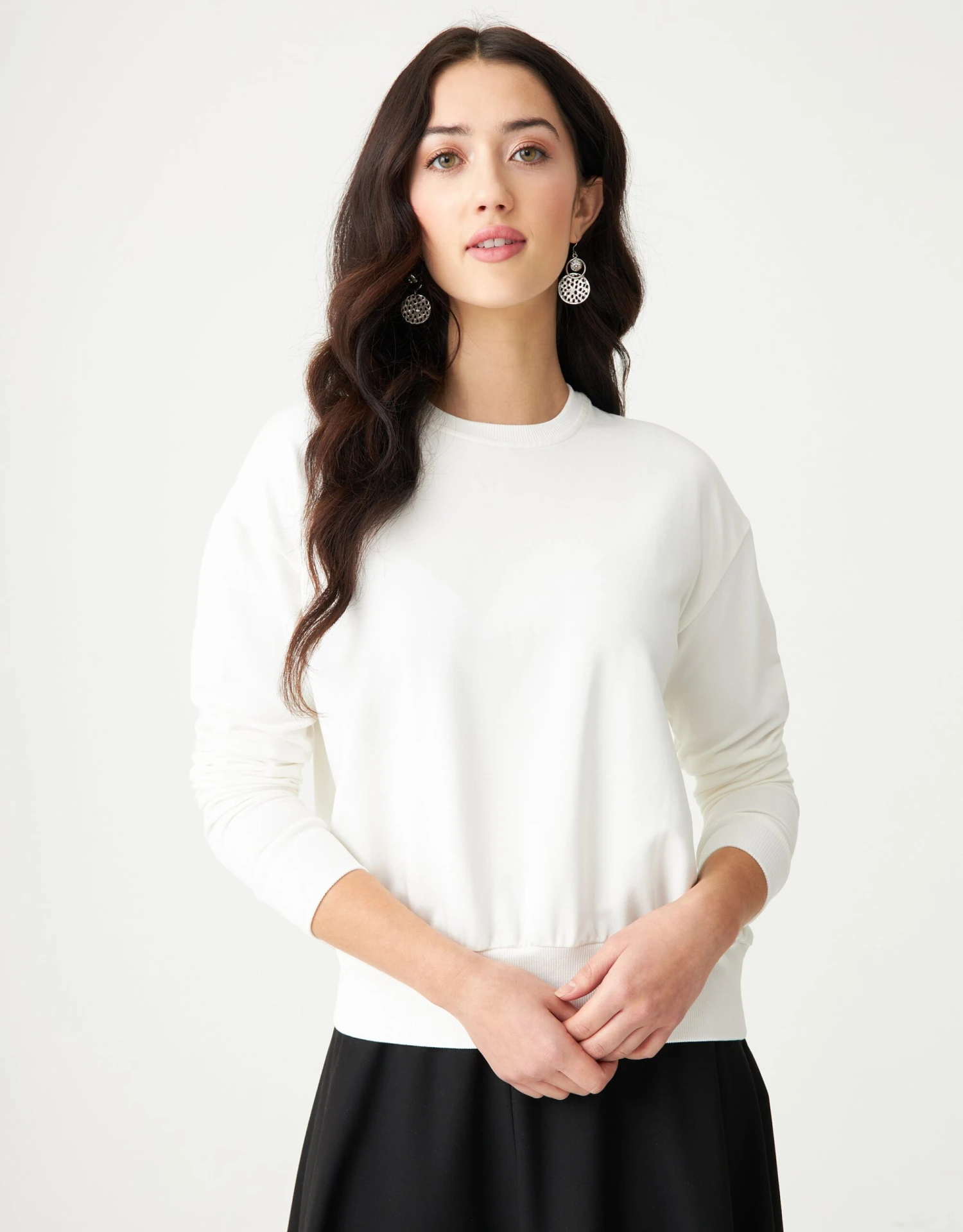 Stretch French Terry Crew Top With Back Bungee White 1 Stretch French Terry Crew Top With Back Bungee White
