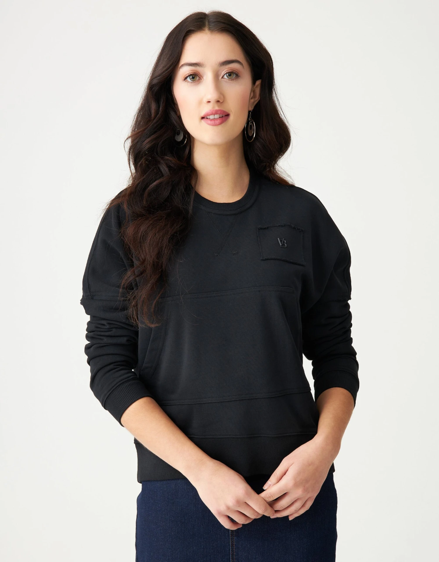 French Terry Raw Edged Sweatshirt With Kangaroo Pocket Black 1 French Terry Raw Edged Sweatshirt With Kangaroo Pocket Black