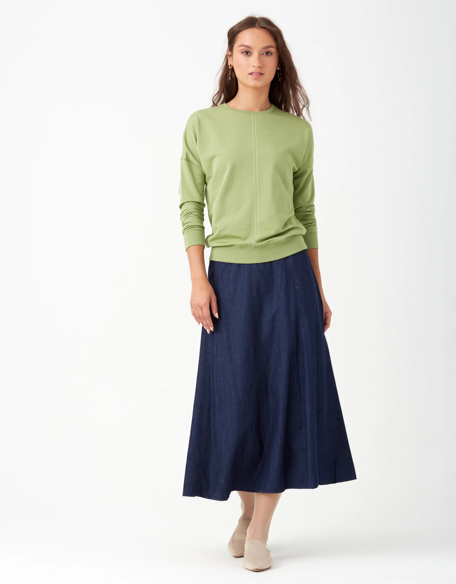 34" Aline Skirt With Contrast Stitching And Midriff Waistband Navy Denim 2 34" Aline Skirt With Contrast Stitching And Midriff Waistband Navy Denim - Image 2
