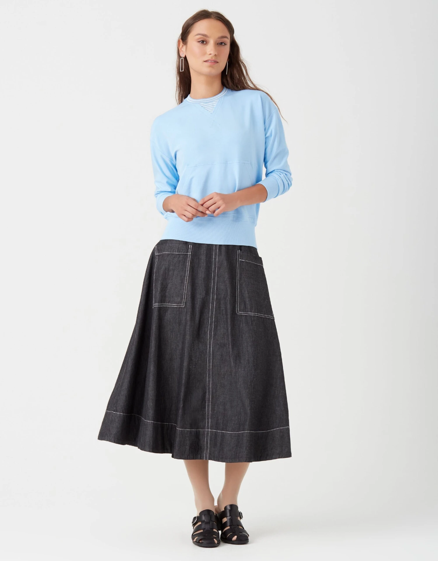 33" Lined Aline Contrast Stitched Patch Pocket Skirt Black Denim 2 33" Lined Aline Contrast Stitched Patch Pocket Skirt Black Denim - Image 2