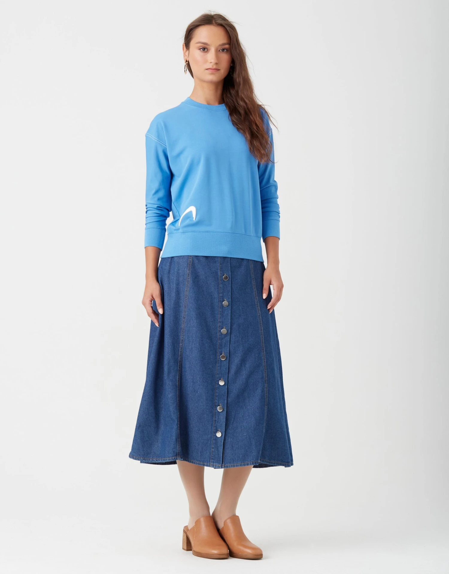 37" Multi Seamed Stud Button Waistband Skirt With Back Elastic Dark Blue Denim 2 37" Multi Seamed Stud Button Waistband Skirt With Back Elastic Dark Blue Denim - Image 2