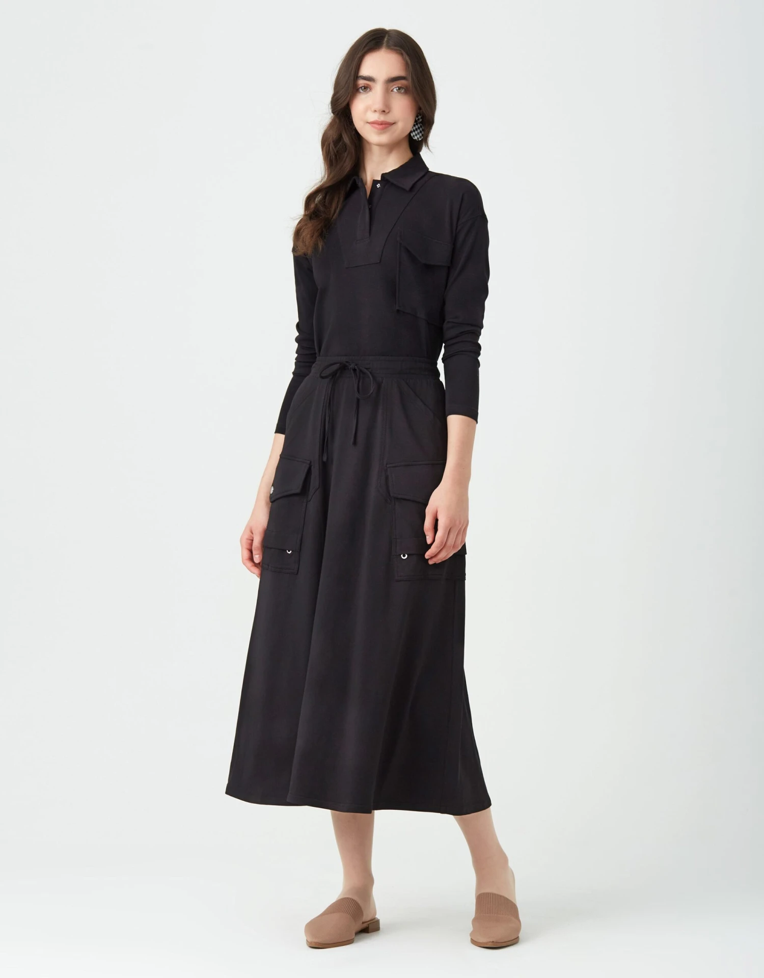 33" Jersey Multi Pocket Aline Skirt With Drawstring Waist Black 2 33" Jersey Multi Pocket Aline Skirt With Drawstring Waist Black - Image 2