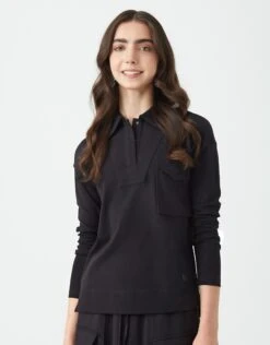 Snap Placket Collar Top With Cargo Pocket Black