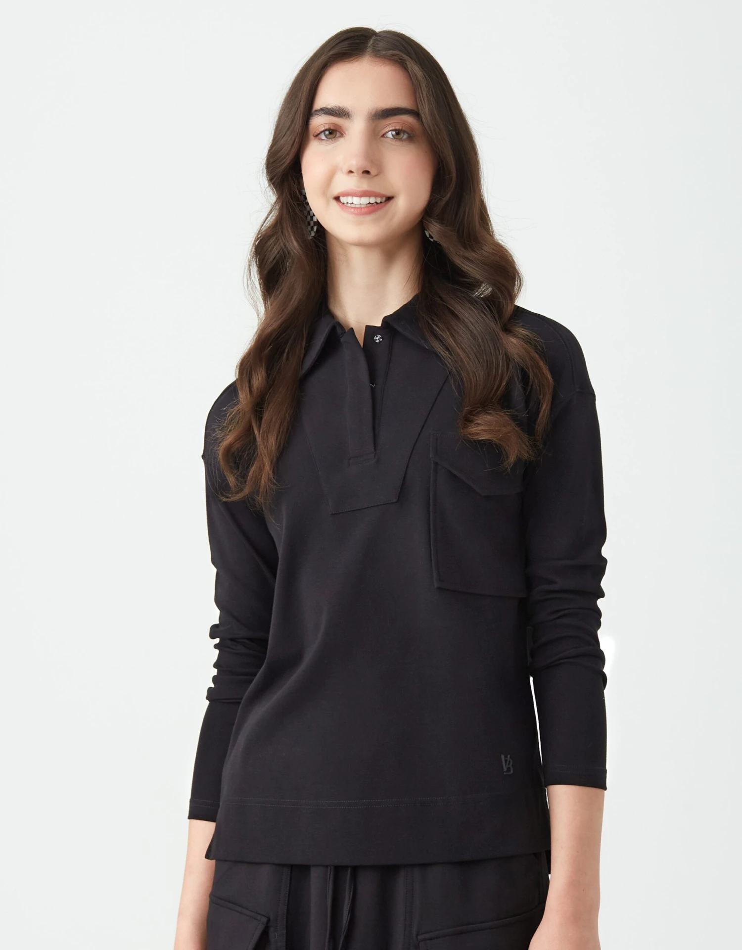 Snap Placket Collar Top With Cargo Pocket Black 1 Snap Placket Collar Top With Cargo Pocket Black