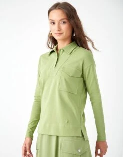 Snap Placket Collar Top With Cargo Pocket Lime