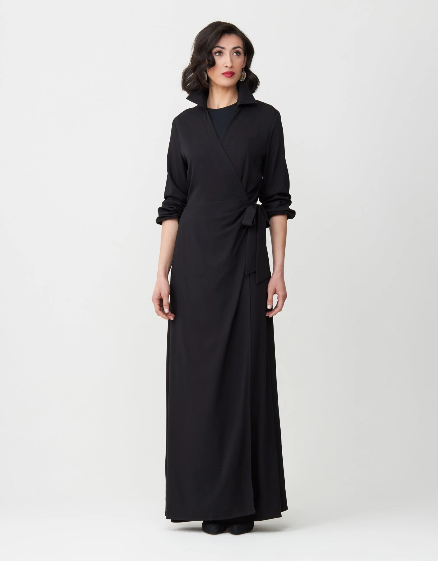 Rayon Mock Wrap Maxi Dress With Collar And Self Tie Bow 1 Rayon Mock Wrap Maxi Dress With Collar And Self Tie Bow