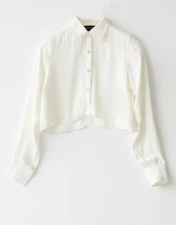 Fashionable Home Wear 36 Peau De Soie Cropped Blouse With Jewel Buttons Ivory