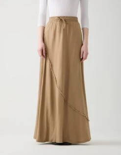 40" Diagonal Seamed Skirt With Frayed Trim Camel