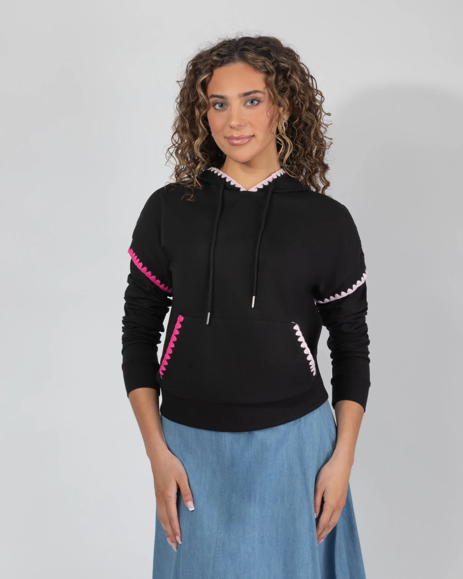 AVID Pull On Hoodie With Crochet Trim Pink Black 1 AVID Pull On Hoodie With Crochet Trim Pink Black