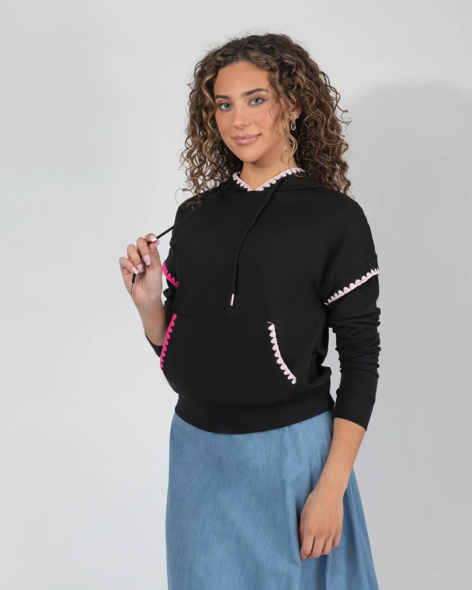 AVID Pull On Hoodie With Crochet Trim Pink Black 2 AVID Pull On Hoodie With Crochet Trim Pink Black - Image 2