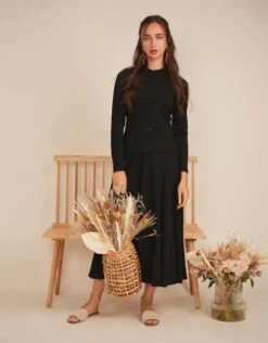 Ribbed Midi Panel Skirt Black