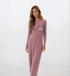 Button Front Nightgown With Satin Pocket And Logo Motif Mauve