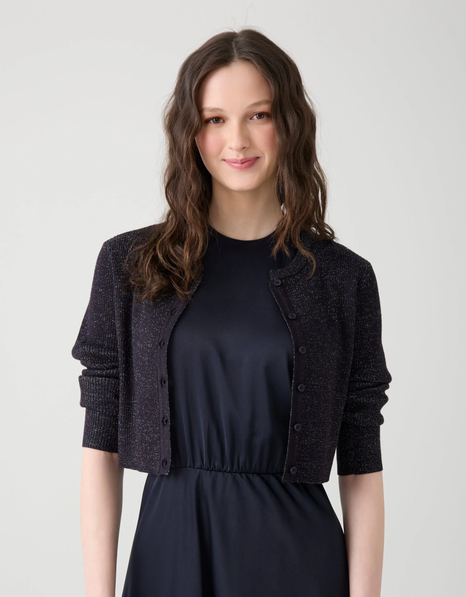 Cropped Ribbed Metallic Button Cardigan BLACK 1 Cropped Ribbed Metallic Button Cardigan BLACK