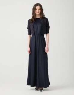 Satin Sleeveless Elastic Waist Maxi Crew Dress Navy