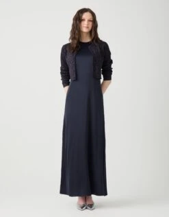 Satin Sleeveless Maxi Crew Shift Dress Navy
