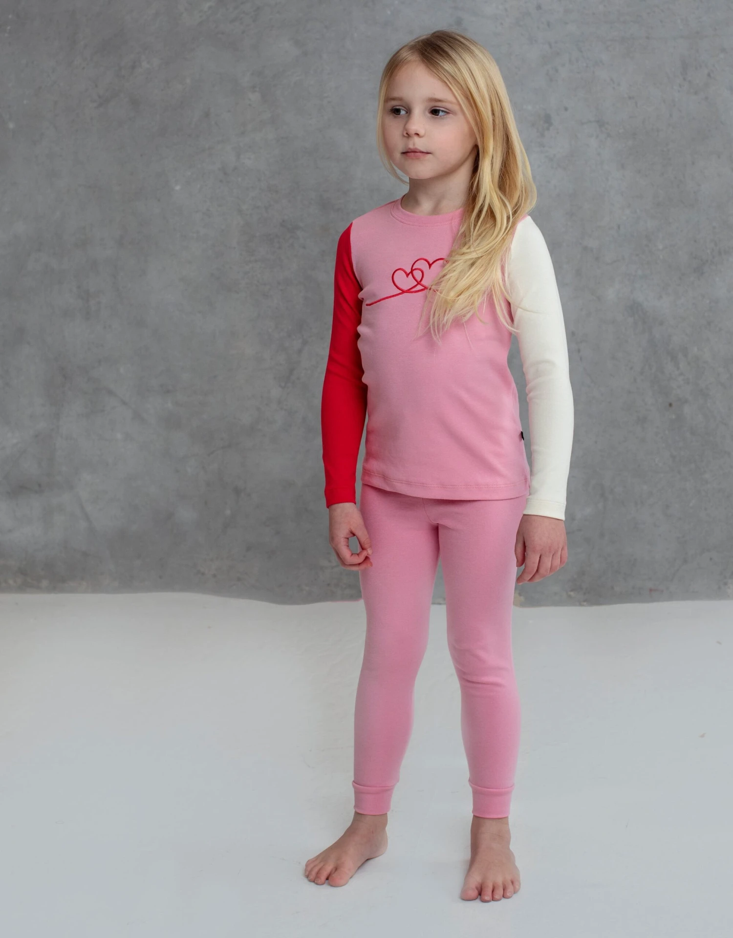 Kids Pima Cotton Hearts Motif Color Block Legging Playwear Set Pink 1 Kids Pima Cotton Hearts Motif Color Block Legging Playwear Set Pink