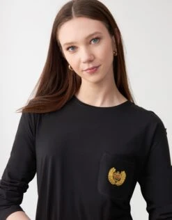 Exposed Seam Nightgown With Gold Crest Appliqu?? Black