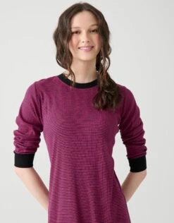 Striped Pull On Nightgown With Contrast Rib Fuschia Black