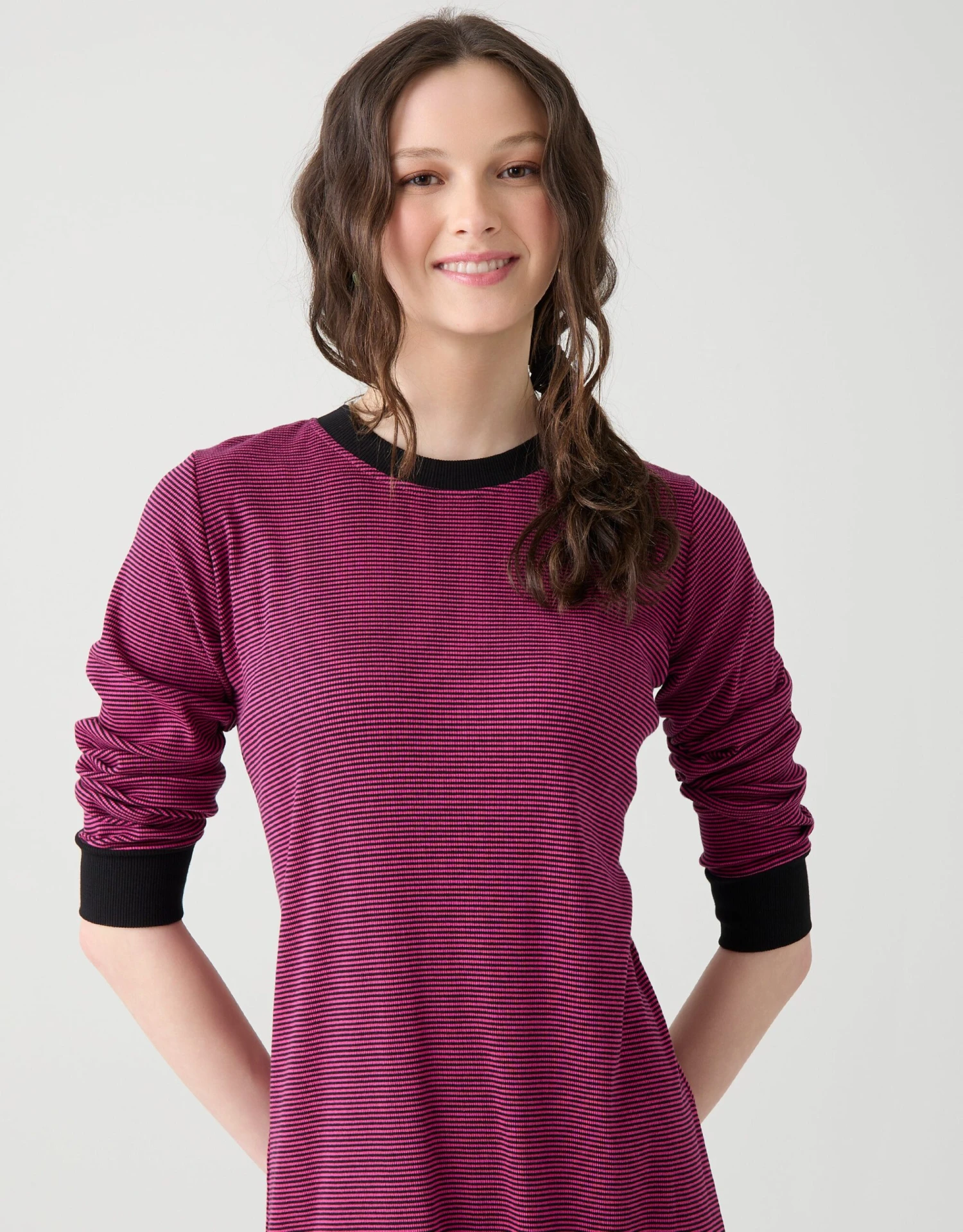 Striped Pull On Nightgown With Contrast Rib Fuschia Black 1 Striped Pull On Nightgown With Contrast Rib Fuschia Black